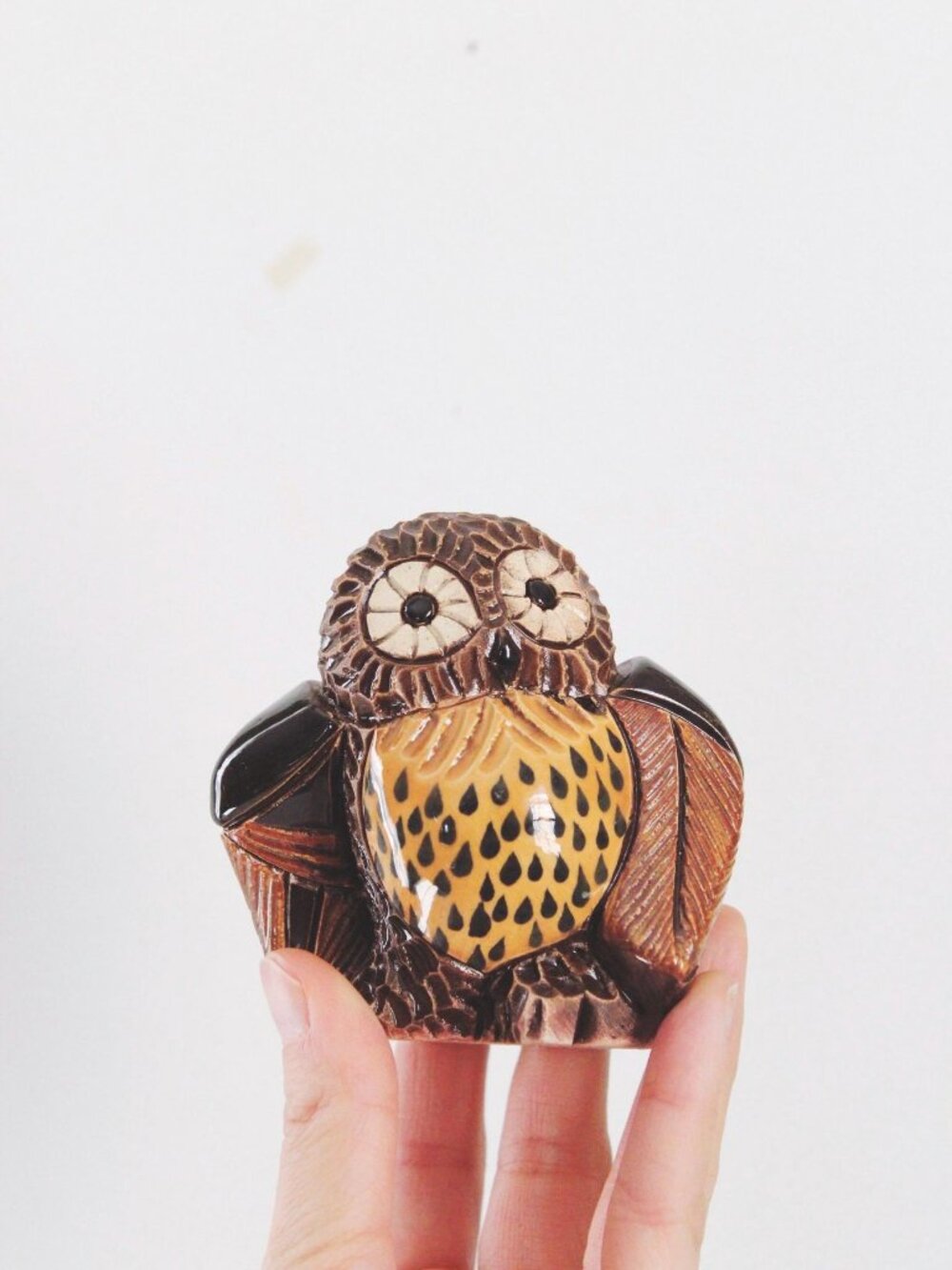 Vintage Artesania Rinconada Barn Owl Figurine Hand Carved Clay Ceramic Painted